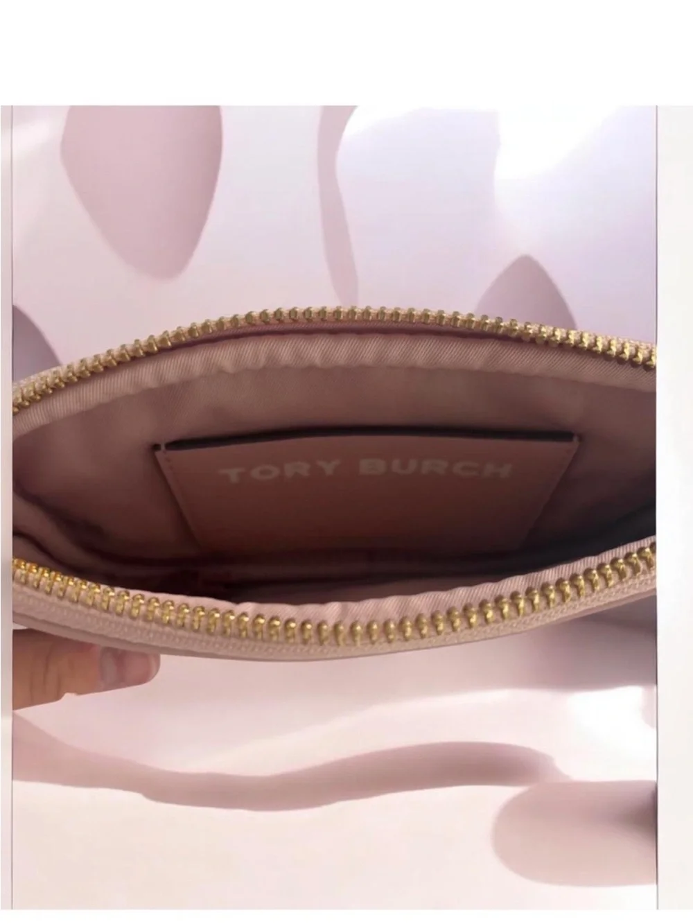 Like New ~ Tory Burch Beige, Brown & Pink Logo Wristlet
